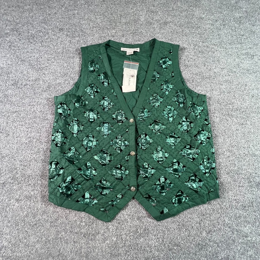 Ellen Richman Quilted Vest Womens L Green Cotton Cutout Lattice VE010